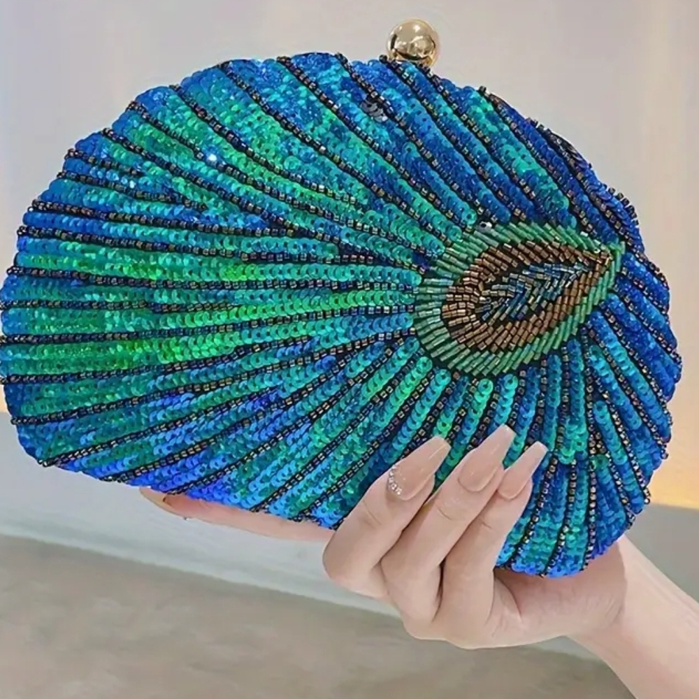 Nwt Elegant Peacock Blue Sequin Encrusted Clutch With Cain
